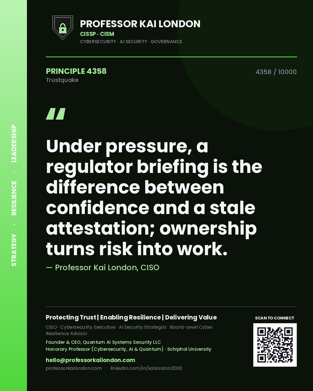 Quote card by Professor Kai London reading 'Under pressure, a regulator briefing is the difference between confidence and a stale attestation; ownership turns risk into work.'. From the book Trustquake.