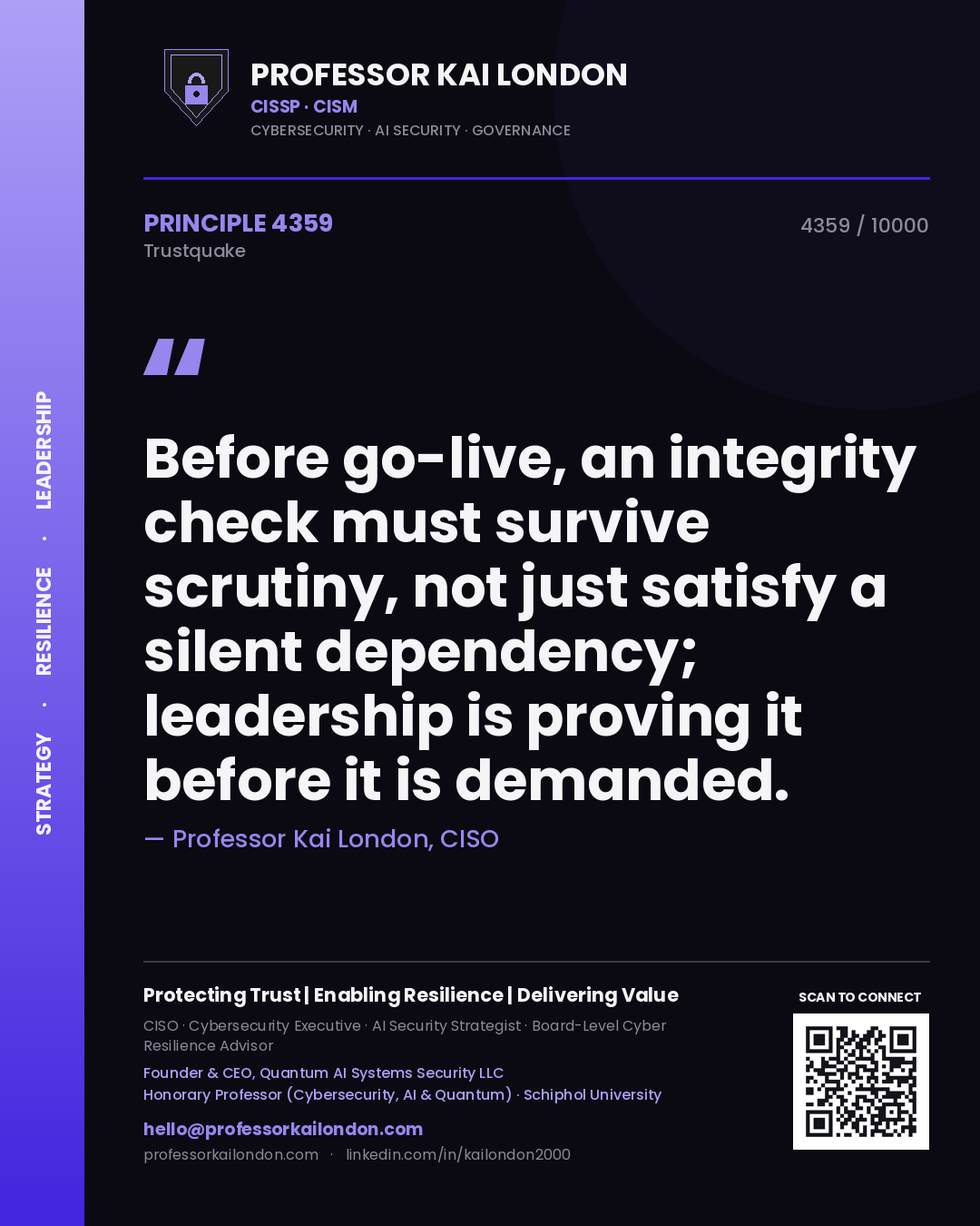 Professor Kai London principle 4359: Before go-live, an integrity check must survive scrutiny, not just satisfy a silent dependency; leadership is proving it before it is demanded.