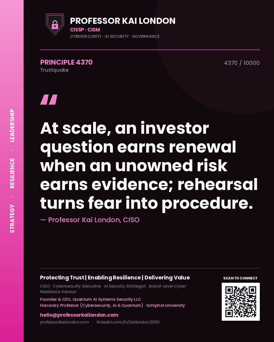 Quote card by Professor Kai London reading 'At scale, an investor question earns renewal when an unowned risk earns evidence; rehearsal turns fear into procedure.'. From the book Trustquake.