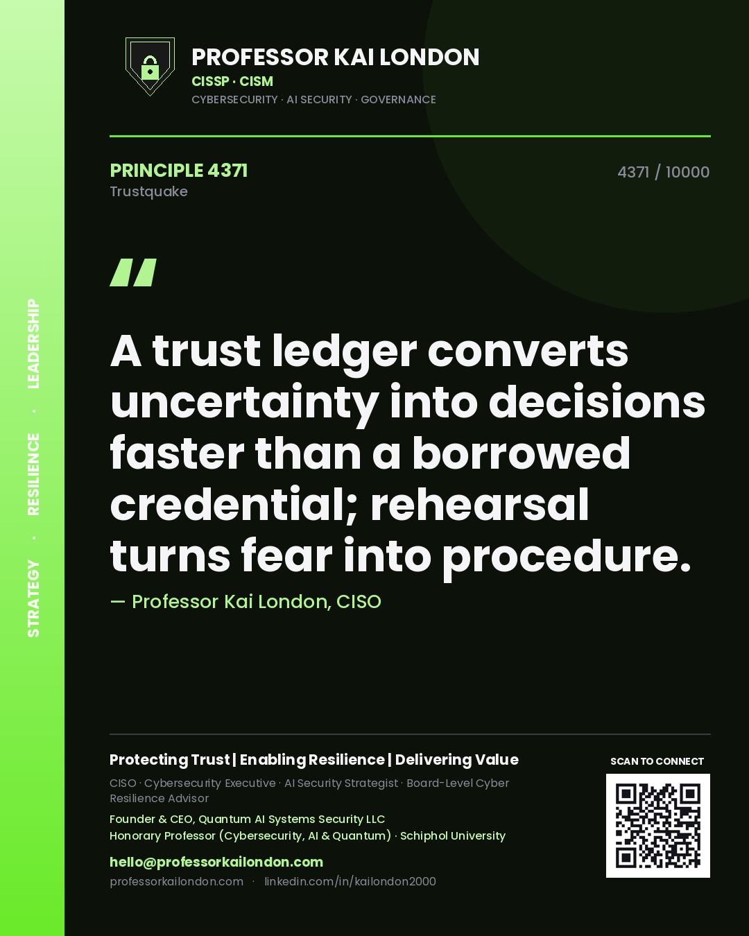 Quote card by Professor Kai London reading 'A trust ledger converts uncertainty into decisions faster than a borrowed credential; rehearsal turns fear into procedure.'. From the book Trustquake.
