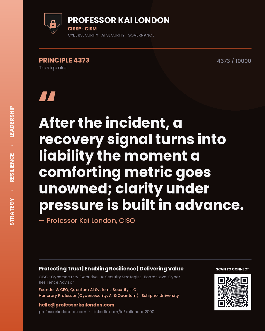 Professor Kai London principle 4373: After the incident, a recovery signal turns into liability the moment a comforting metric goes unowned; clarity under pressure is built in advance.
