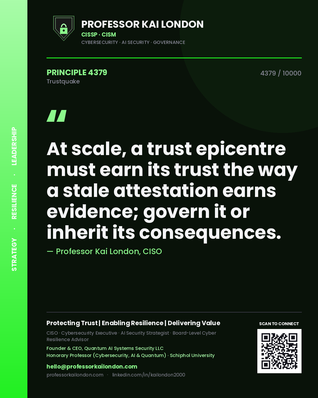 Professor Kai London principle 4379: At scale, a trust epicentre must earn its trust the way a stale attestation earns evidence; govern it or inherit its consequences.