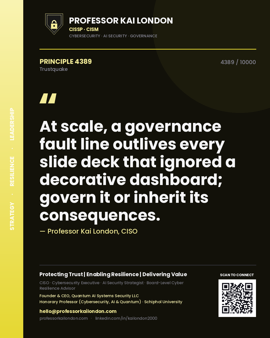 Quote card by Professor Kai London reading 'At scale, a governance fault line outlives every slide deck that ignored a decorative dashboard; govern it or inherit its consequences.'. From the book Trustquake.