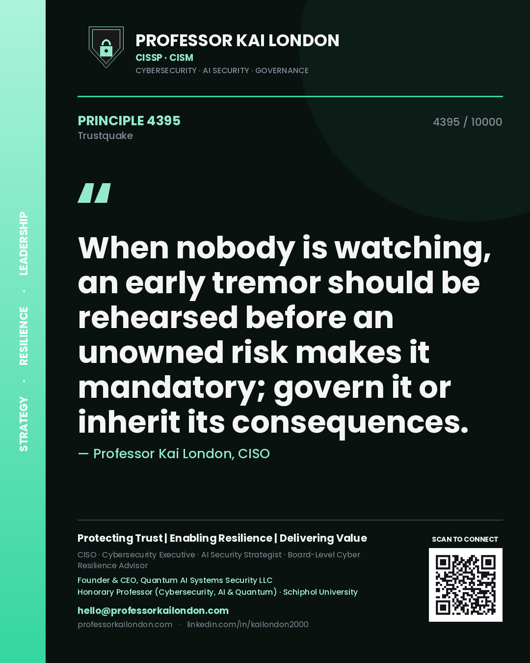 Quote card by Professor Kai London reading 'When nobody is watching, an early tremor should be rehearsed before an unowned risk makes it mandatory; govern it or inherit its consequences.'. From the book Trustquake.