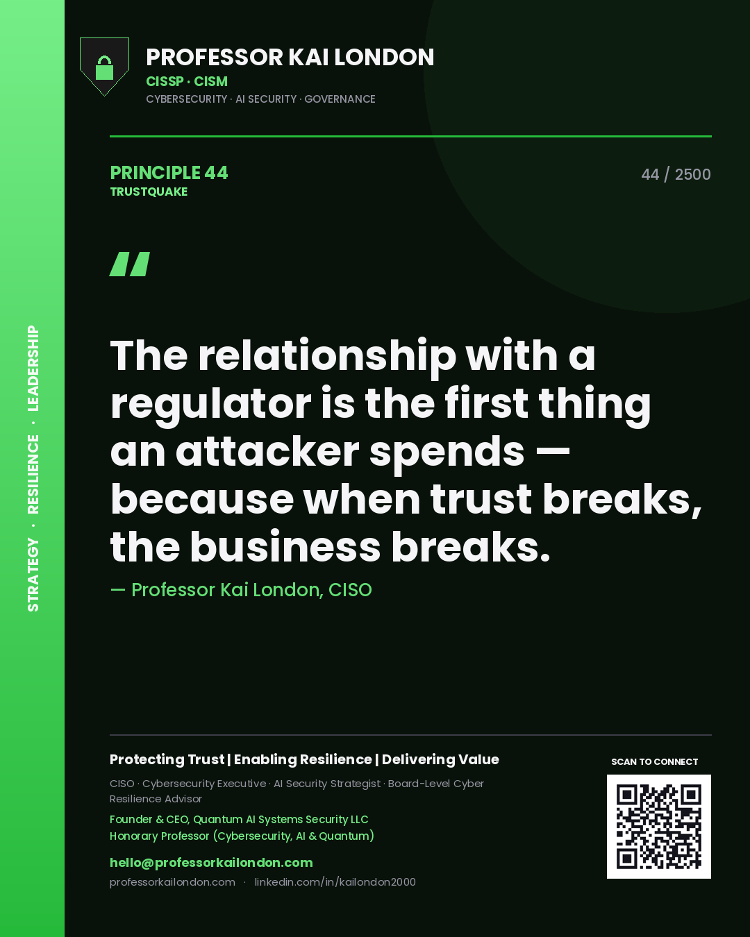 Quote card by Professor Kai London reading 'The relationship with a regulator is the first thing an attacker spends — because when trust breaks, the business breaks.'. From the book Trustquake.