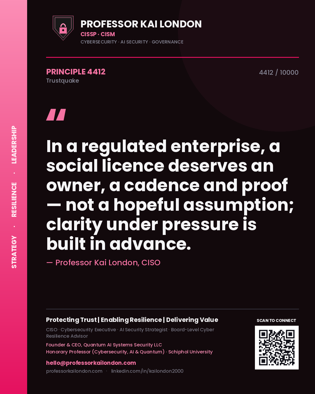 Professor Kai London principle 4412: In a regulated enterprise, a social licence deserves an owner, a cadence and proof — not a hopeful assumption; clarity under pressure is built in advance.