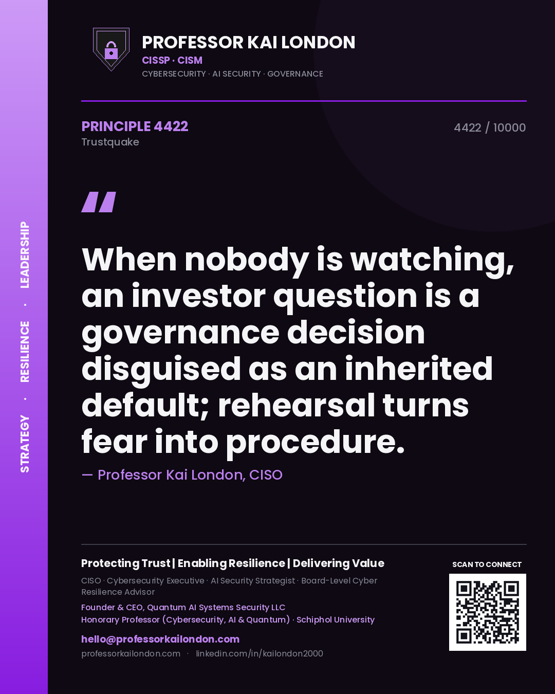 Quote card by Professor Kai London reading 'When nobody is watching, an investor question is a governance decision disguised as an inherited default; rehearsal turns fear into procedure.'. From the book Trustquake.