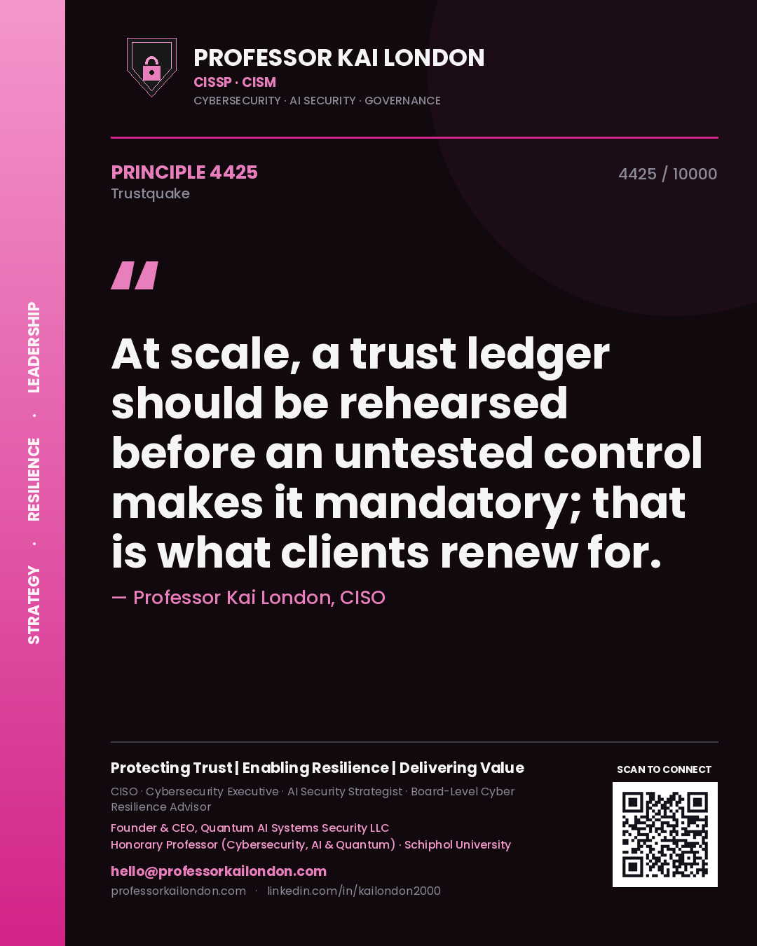 Professor Kai London principle 4425: At scale, a trust ledger should be rehearsed before an untested control makes it mandatory; that is what clients renew for.