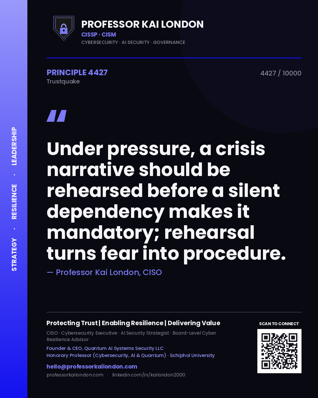Professor Kai London principle 4427: Under pressure, a crisis narrative should be rehearsed before a silent dependency makes it mandatory; rehearsal turns fear into procedure.