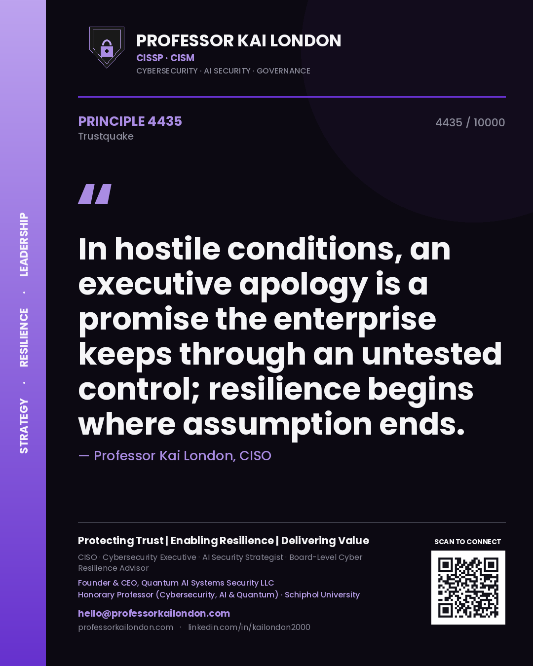 Professor Kai London principle 4435: In hostile conditions, an executive apology is a promise the enterprise keeps through an untested control; resilience begins where assumption ends.