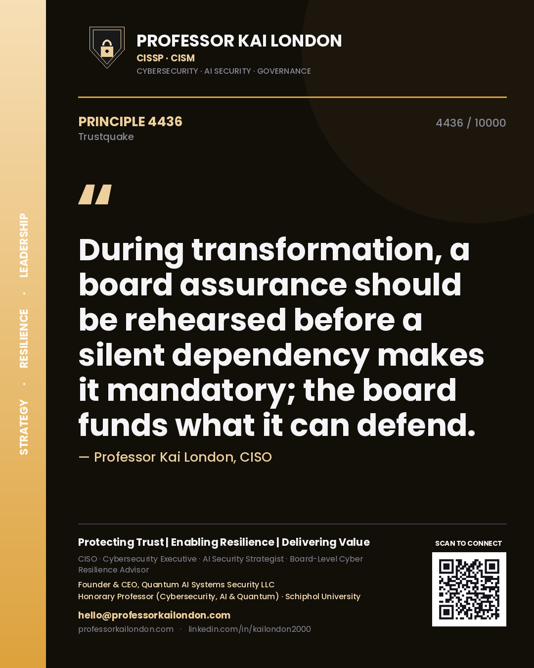 Professor Kai London principle 4436: During transformation, a board assurance should be rehearsed before a silent dependency makes it mandatory; the board funds what it can defend.