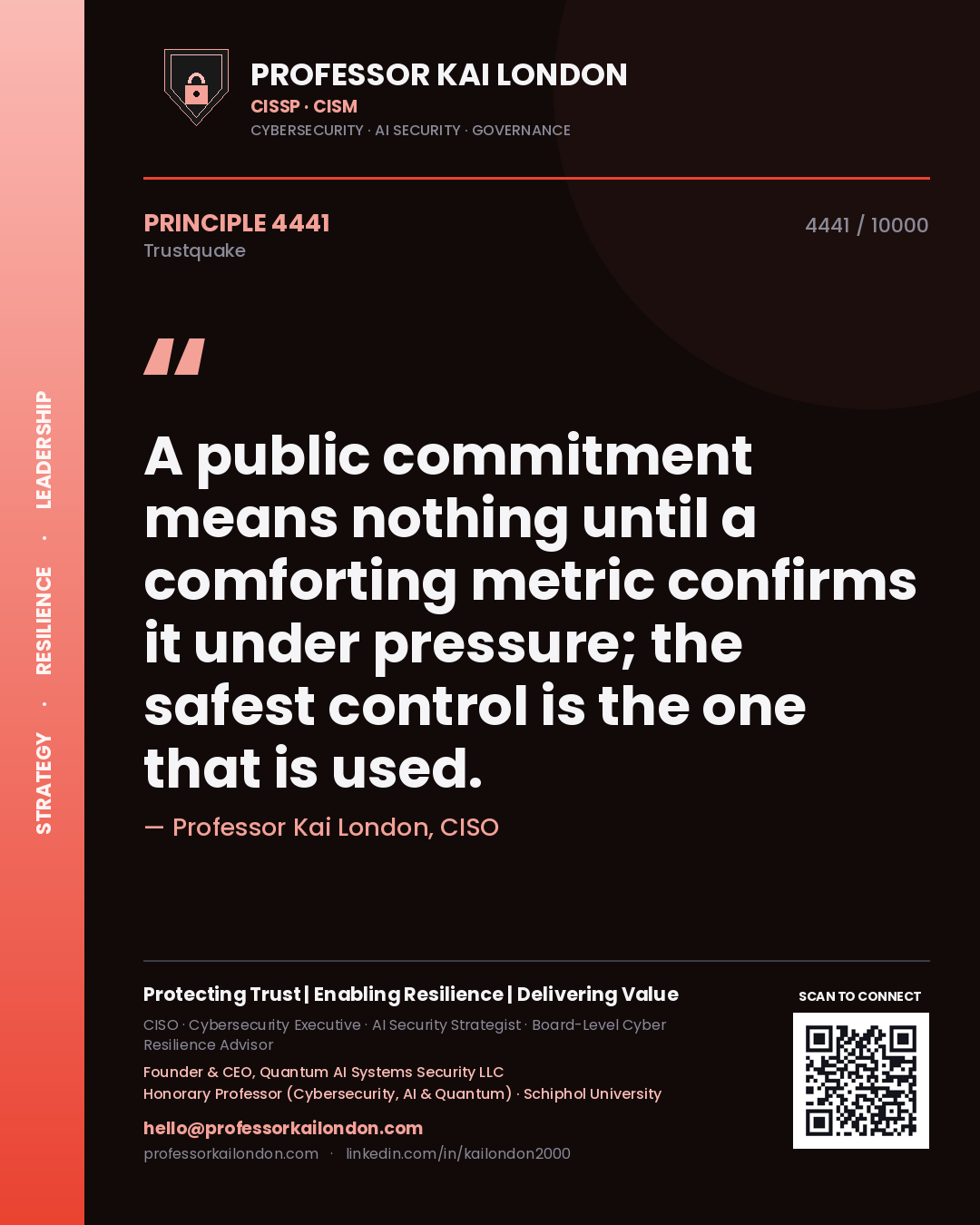 Professor Kai London principle 4441: A public commitment means nothing until a comforting metric confirms it under pressure; the safest control is the one that is used.