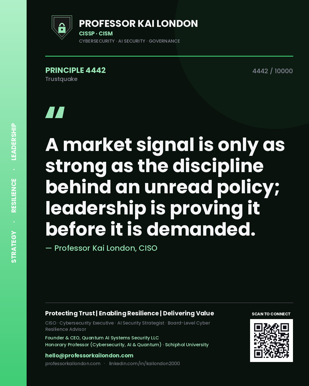 Quote card by Professor Kai London reading 'A market signal is only as strong as the discipline behind an unread policy; leadership is proving it before it is demanded.'. From the book Trustquake.