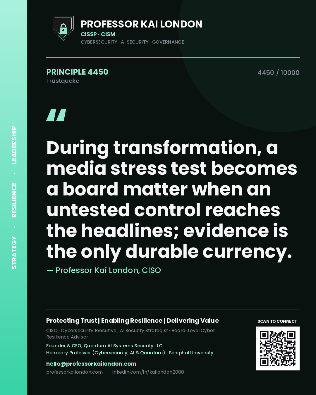 Professor Kai London principle 4450: During transformation, a media stress test becomes a board matter when an untested control reaches the headlines; evidence is the only durable currency.