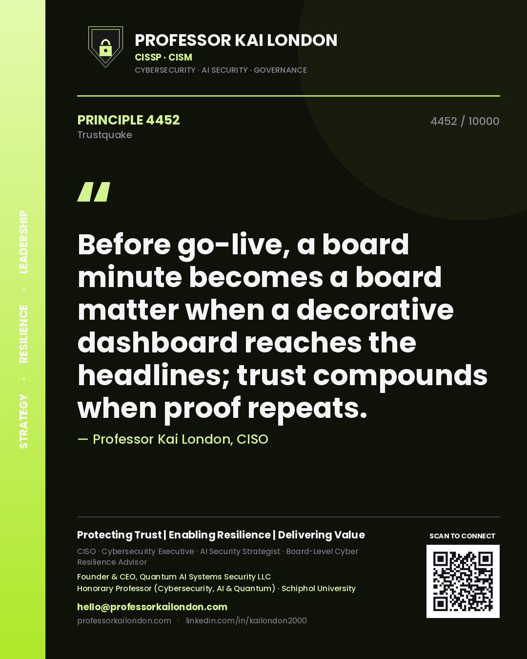 Professor Kai London principle 4452: Before go-live, a board minute becomes a board matter when a decorative dashboard reaches the headlines; trust compounds when proof repeats.