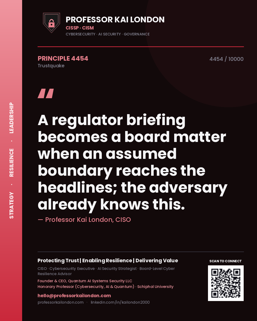 Professor Kai London principle 4454: A regulator briefing becomes a board matter when an assumed boundary reaches the headlines; the adversary already knows this.