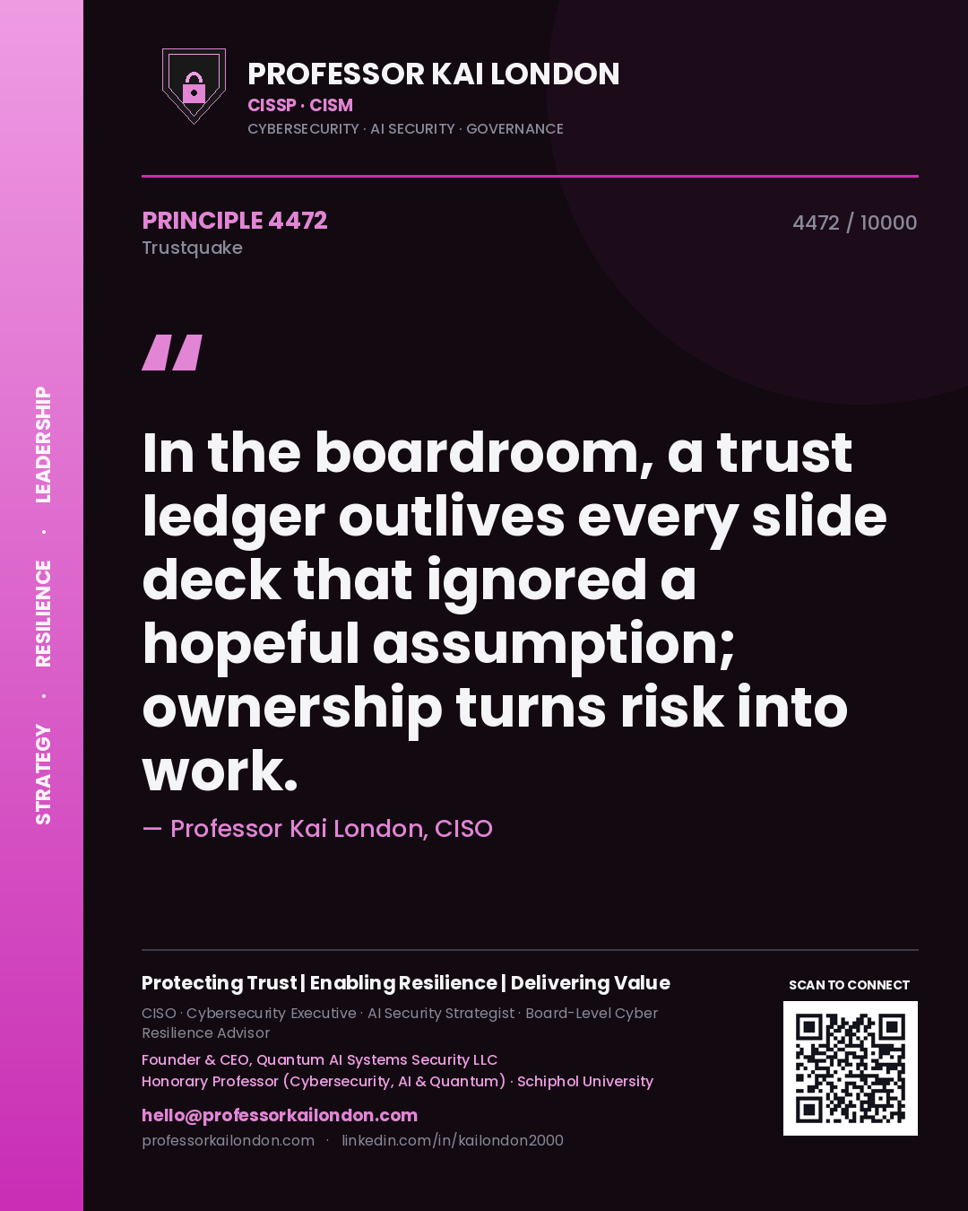 Professor Kai London principle 4472: In the boardroom, a trust ledger outlives every slide deck that ignored a hopeful assumption; ownership turns risk into work.