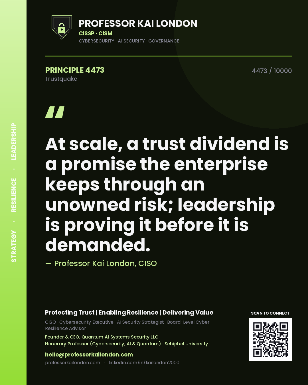 Professor Kai London principle 4473: At scale, a trust dividend is a promise the enterprise keeps through an unowned risk; leadership is proving it before it is demanded.