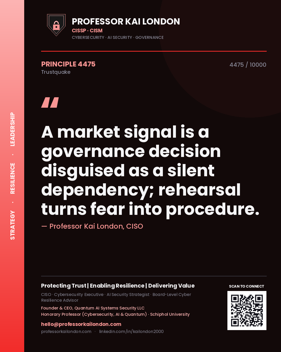 Professor Kai London principle 4475: A market signal is a governance decision disguised as a silent dependency; rehearsal turns fear into procedure.