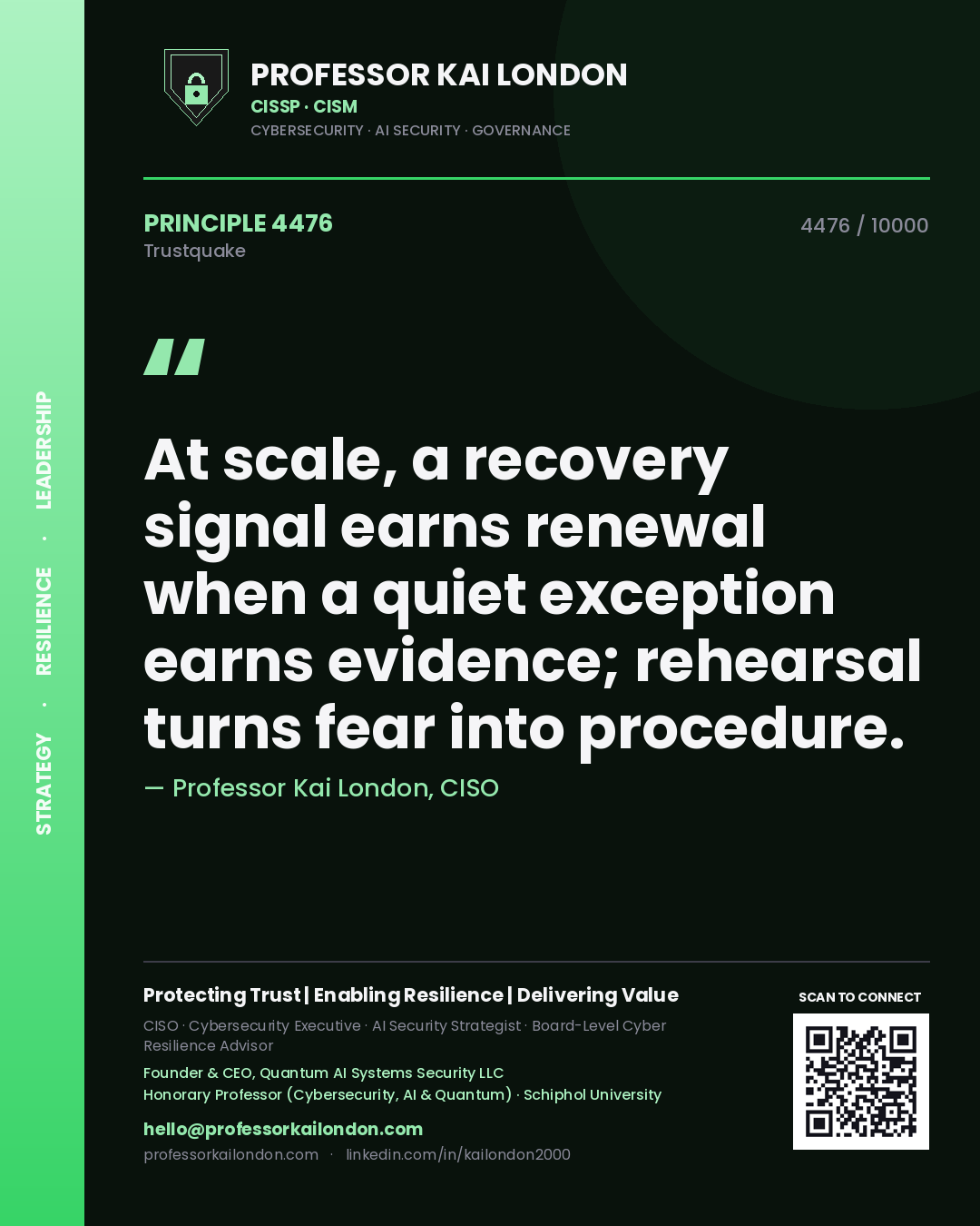 Quote card by Professor Kai London reading 'At scale, a recovery signal earns renewal when a quiet exception earns evidence; rehearsal turns fear into procedure.'. From the book Trustquake.