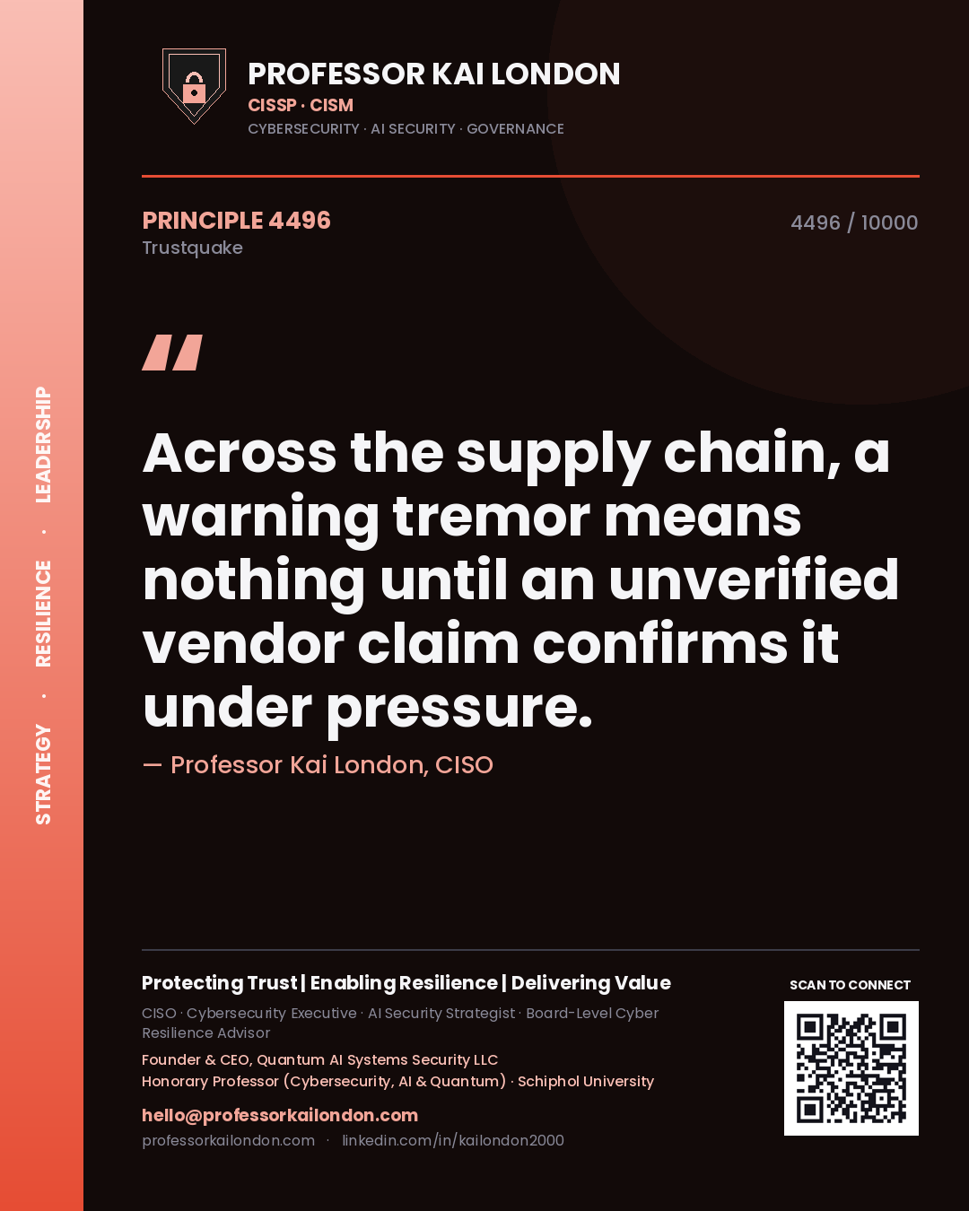 Professor Kai London principle 4496: Across the supply chain, a warning tremor means nothing until an unverified vendor claim confirms it under pressure.