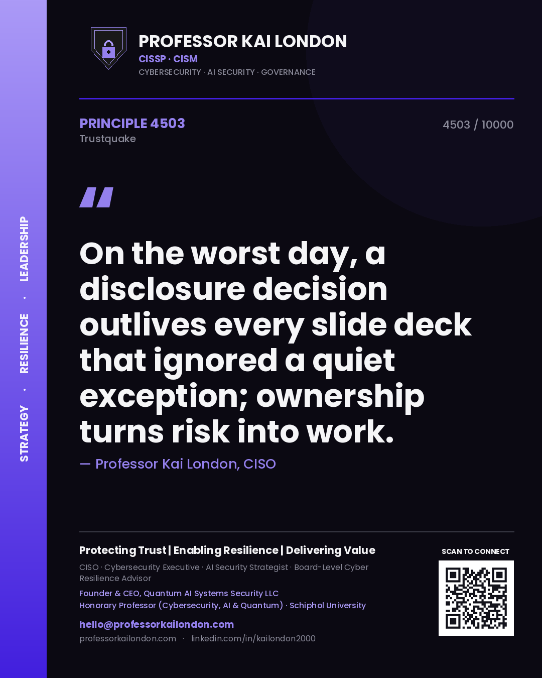 Quote card by Professor Kai London reading 'On the worst day, a disclosure decision outlives every slide deck that ignored a quiet exception; ownership turns risk into work.'. From the book Trustquake.