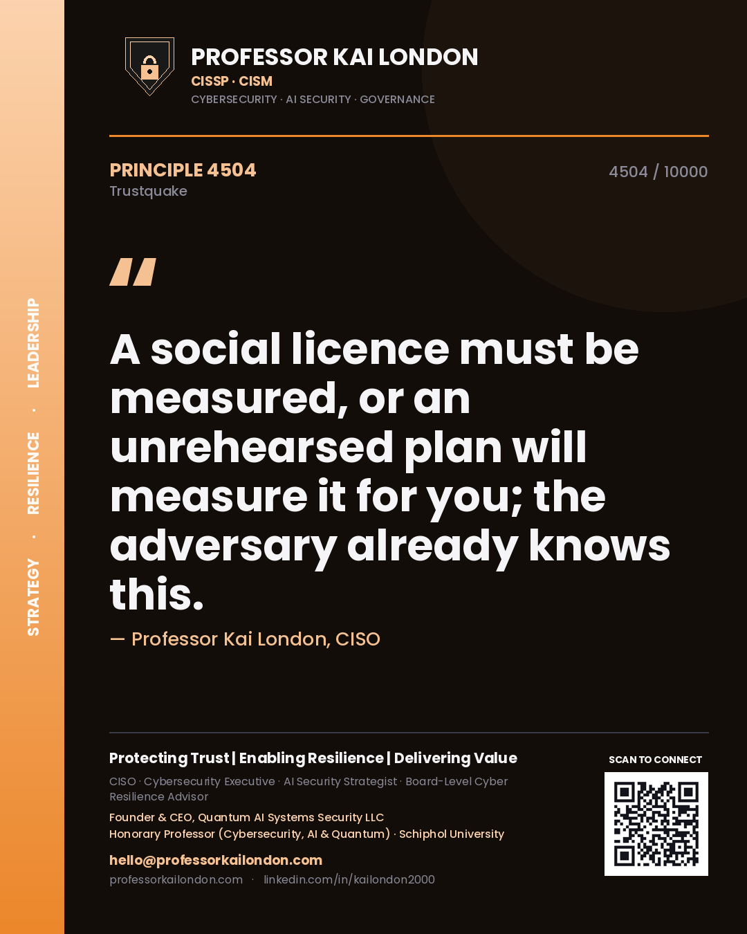 Quote card by Professor Kai London reading 'A social licence must be measured, or an unrehearsed plan will measure it for you; the adversary already knows this.'. From the book Trustquake.