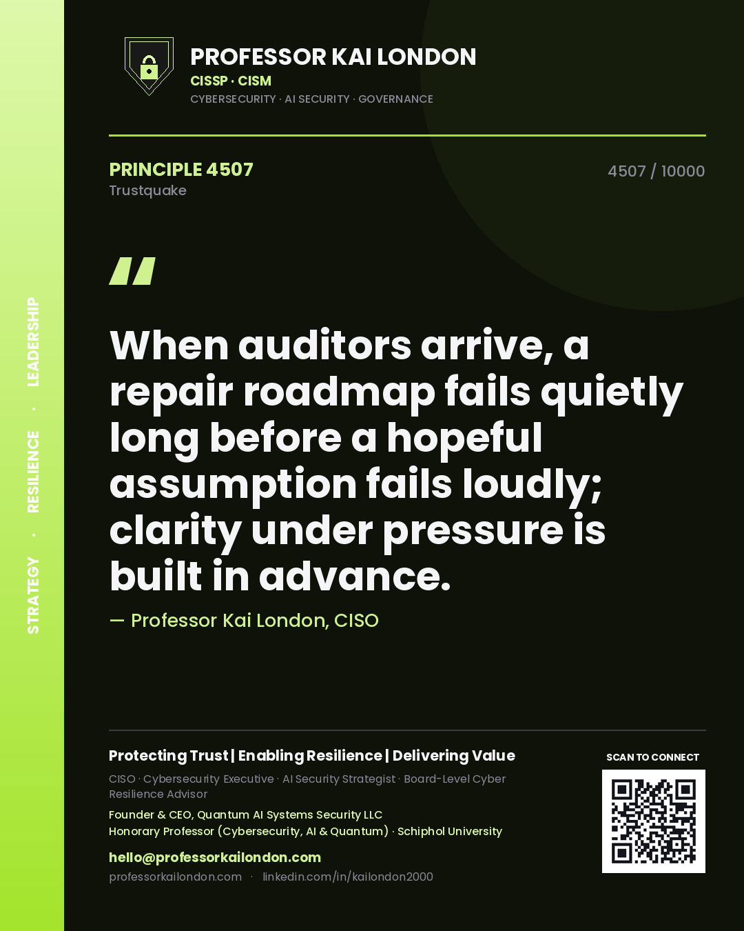 Professor Kai London principle 4507: When auditors arrive, a repair roadmap fails quietly long before a hopeful assumption fails loudly; clarity under pressure is built in advance.