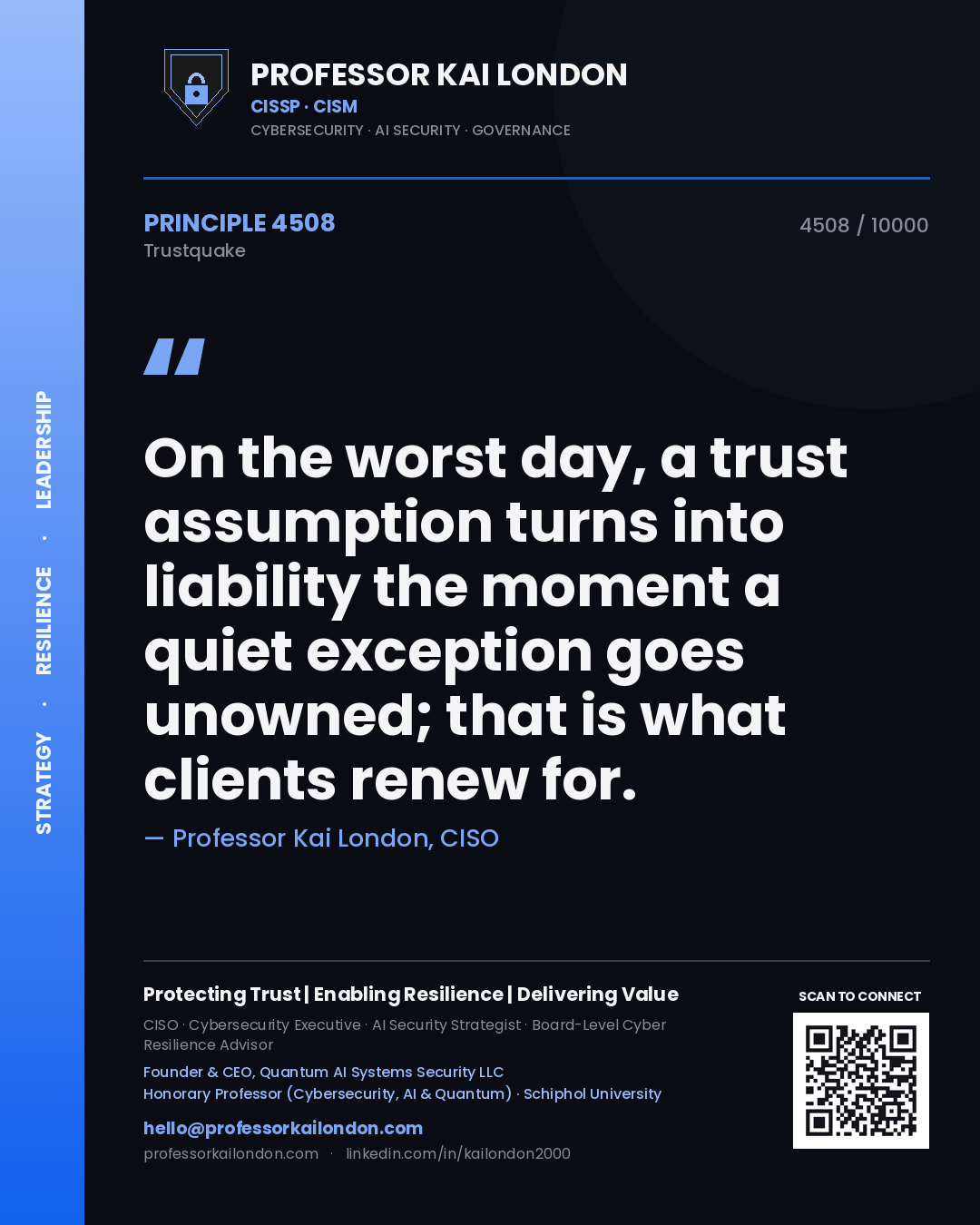 Quote card by Professor Kai London reading 'On the worst day, a trust assumption turns into liability the moment a quiet exception goes unowned; that is what clients renew for.'. From the book Trustquake.