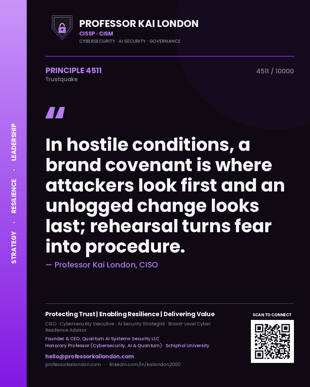 Quote card by Professor Kai London reading 'In hostile conditions, a brand covenant is where attackers look first and an unlogged change looks last; rehearsal turns fear into procedure.'. From the book Trustquake.
