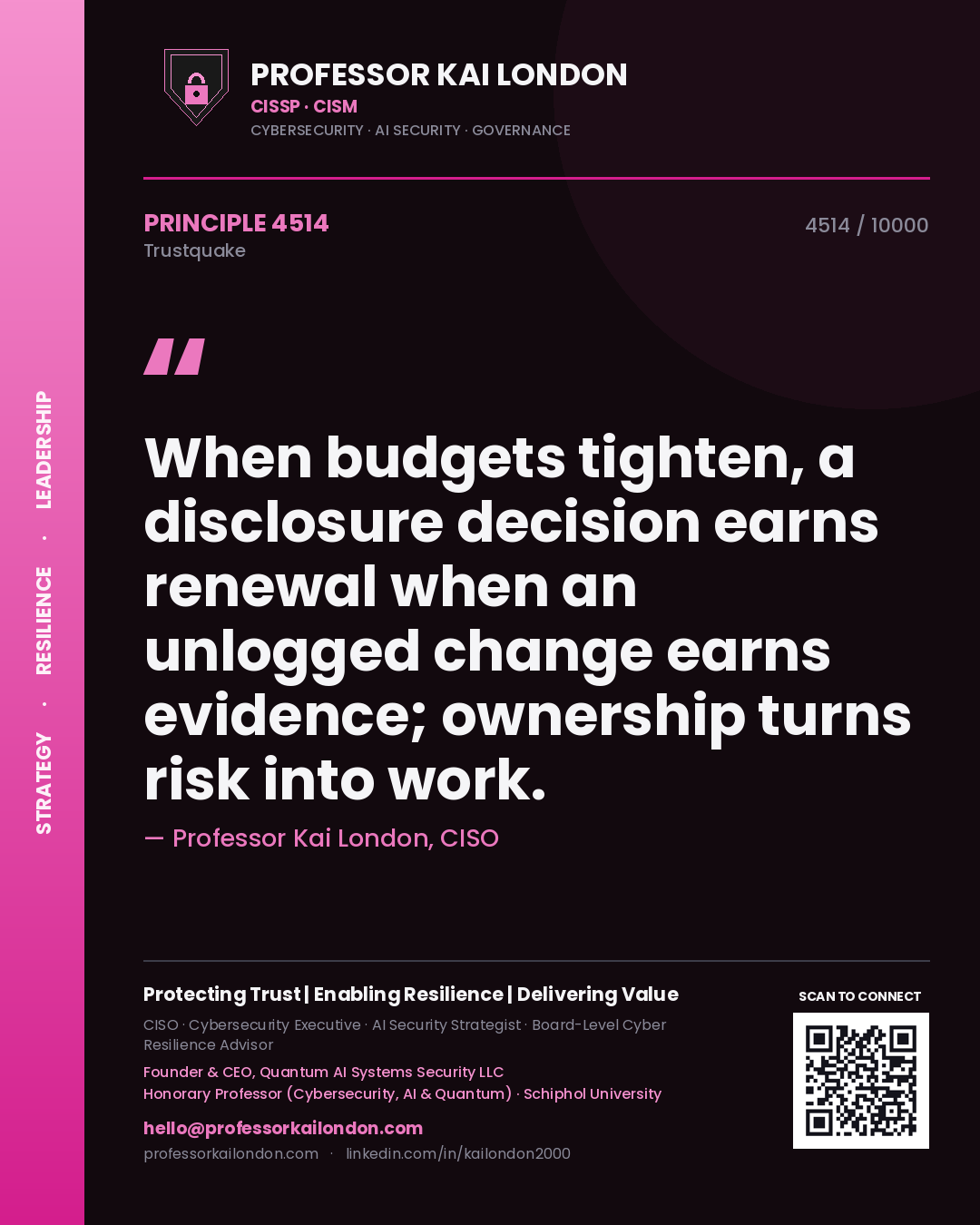 Professor Kai London principle 4514: When budgets tighten, a disclosure decision earns renewal when an unlogged change earns evidence; ownership turns risk into work.