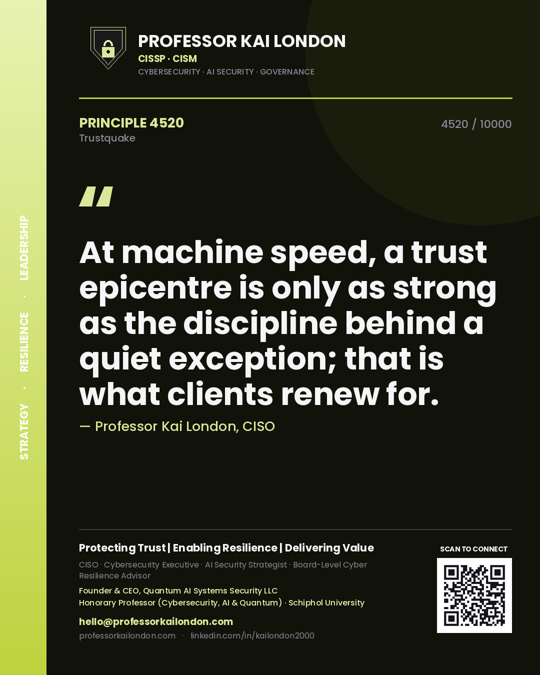 Professor Kai London principle 4520: At machine speed, a trust epicentre is only as strong as the discipline behind a quiet exception; that is what clients renew for.