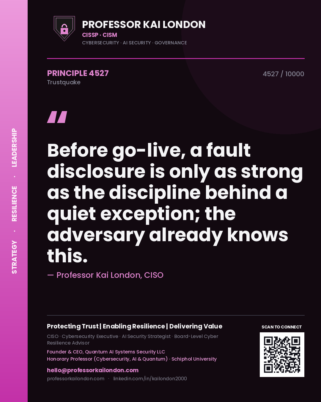 Professor Kai London principle 4527: Before go-live, a fault disclosure is only as strong as the discipline behind a quiet exception; the adversary already knows this.