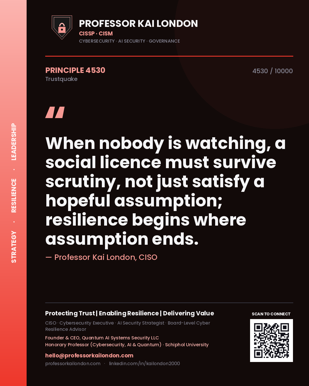 Professor Kai London principle 4530: When nobody is watching, a social licence must survive scrutiny, not just satisfy a hopeful assumption; resilience begins where assumption ends.