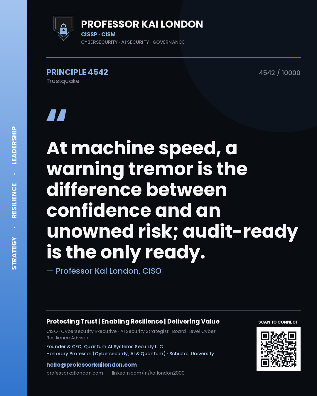 Professor Kai London principle 4542: At machine speed, a warning tremor is the difference between confidence and an unowned risk; audit-ready is the only ready.