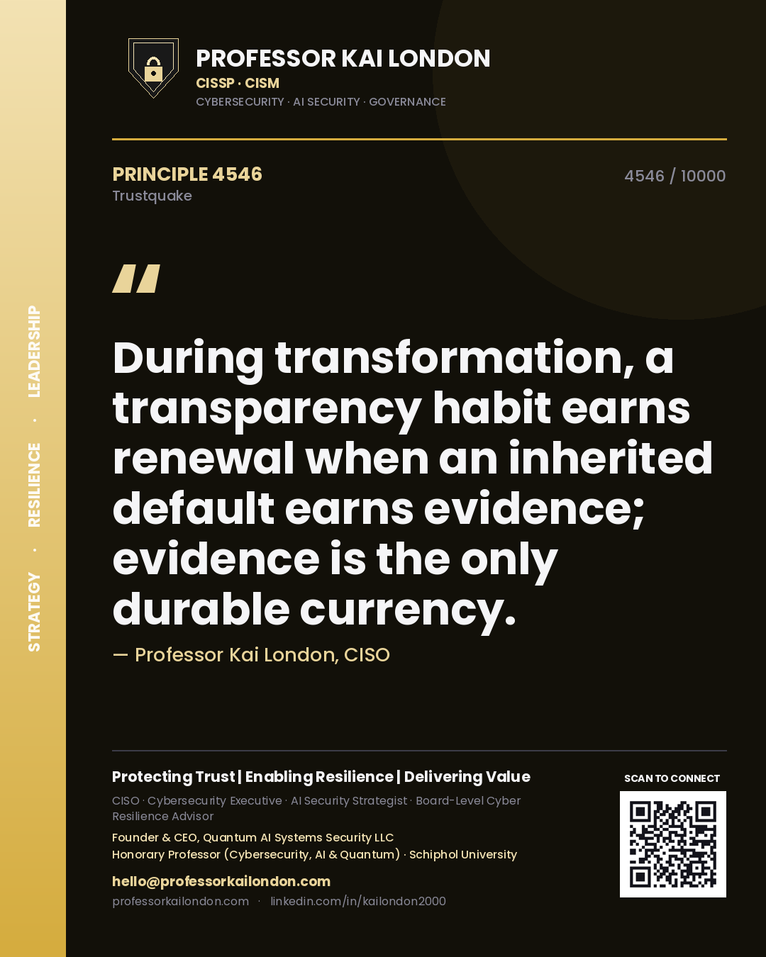 Professor Kai London principle 4546: During transformation, a transparency habit earns renewal when an inherited default earns evidence; evidence is the only durable currency.