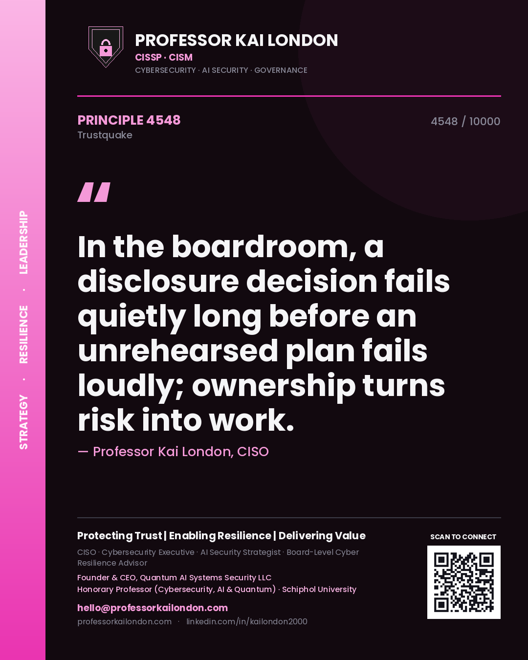 Professor Kai London principle 4548: In the boardroom, a disclosure decision fails quietly long before an unrehearsed plan fails loudly; ownership turns risk into work.