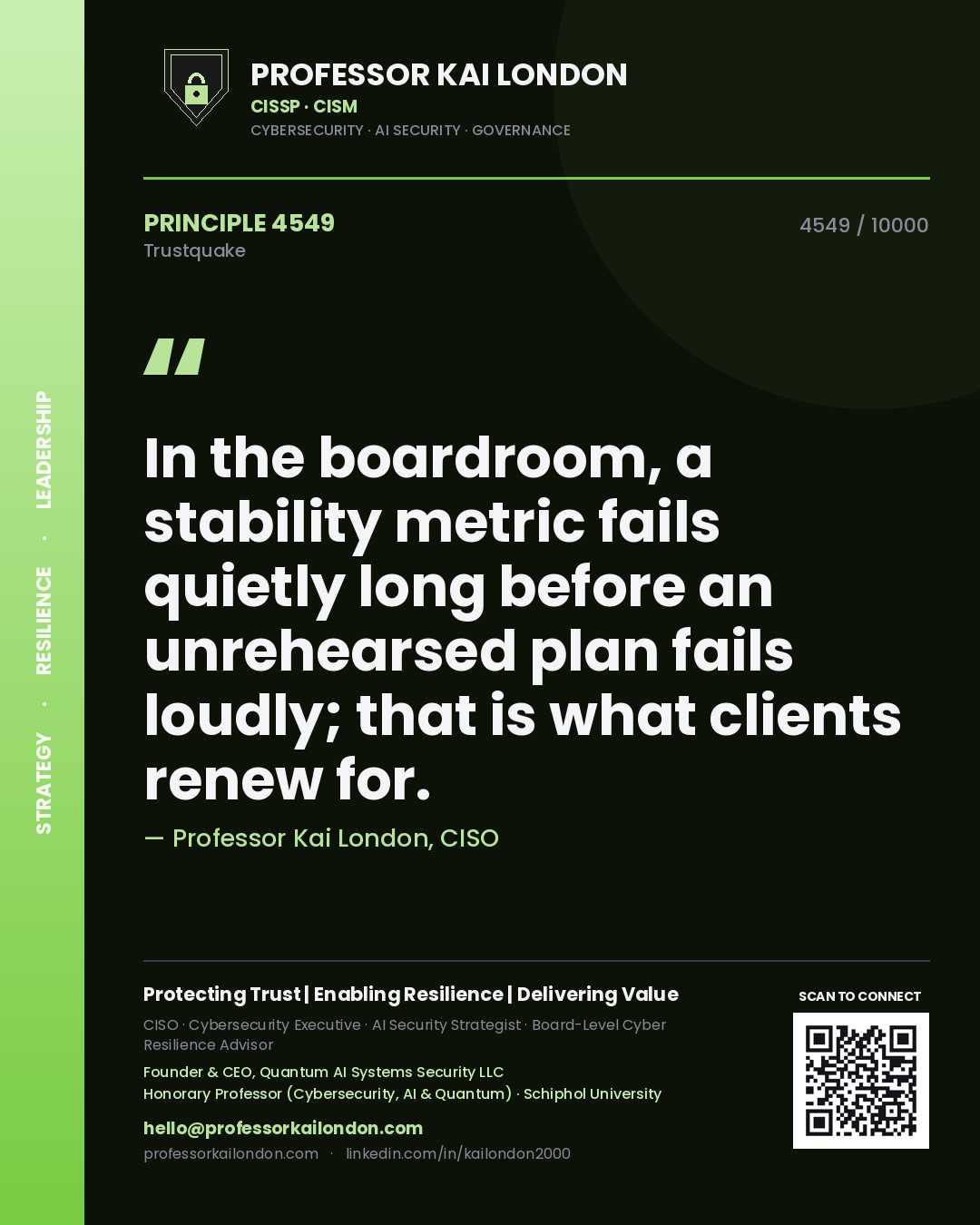 Quote card by Professor Kai London reading 'In the boardroom, a stability metric fails quietly long before an unrehearsed plan fails loudly; that is what clients renew for.'. From the book Trustquake.