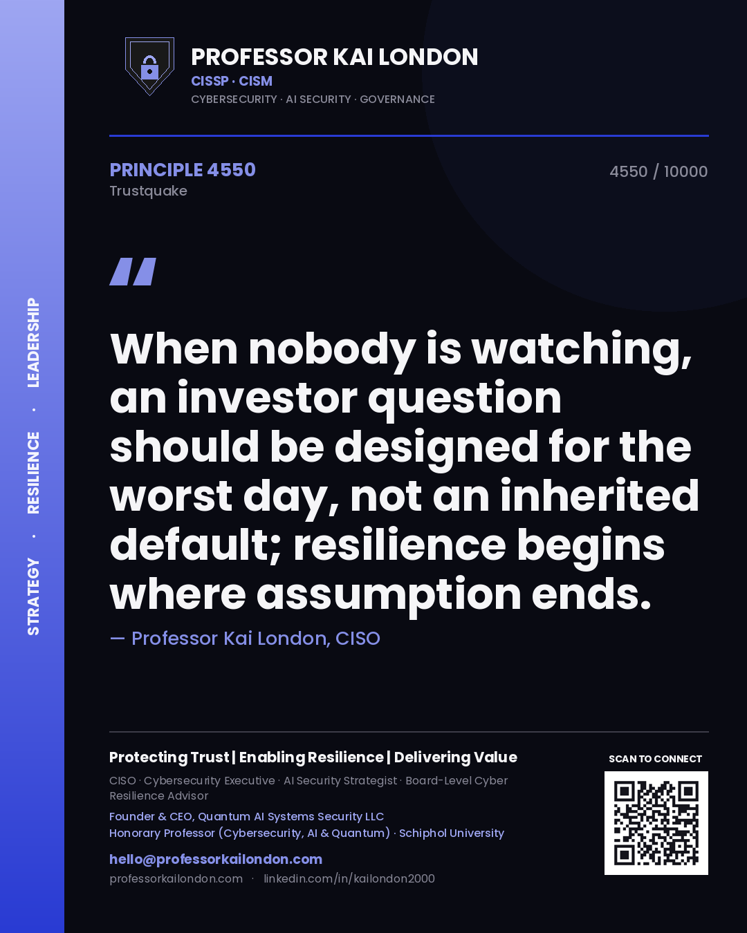 Professor Kai London principle 4550: When nobody is watching, an investor question should be designed for the worst day, not an inherited default; resilience begins where assumption ends.