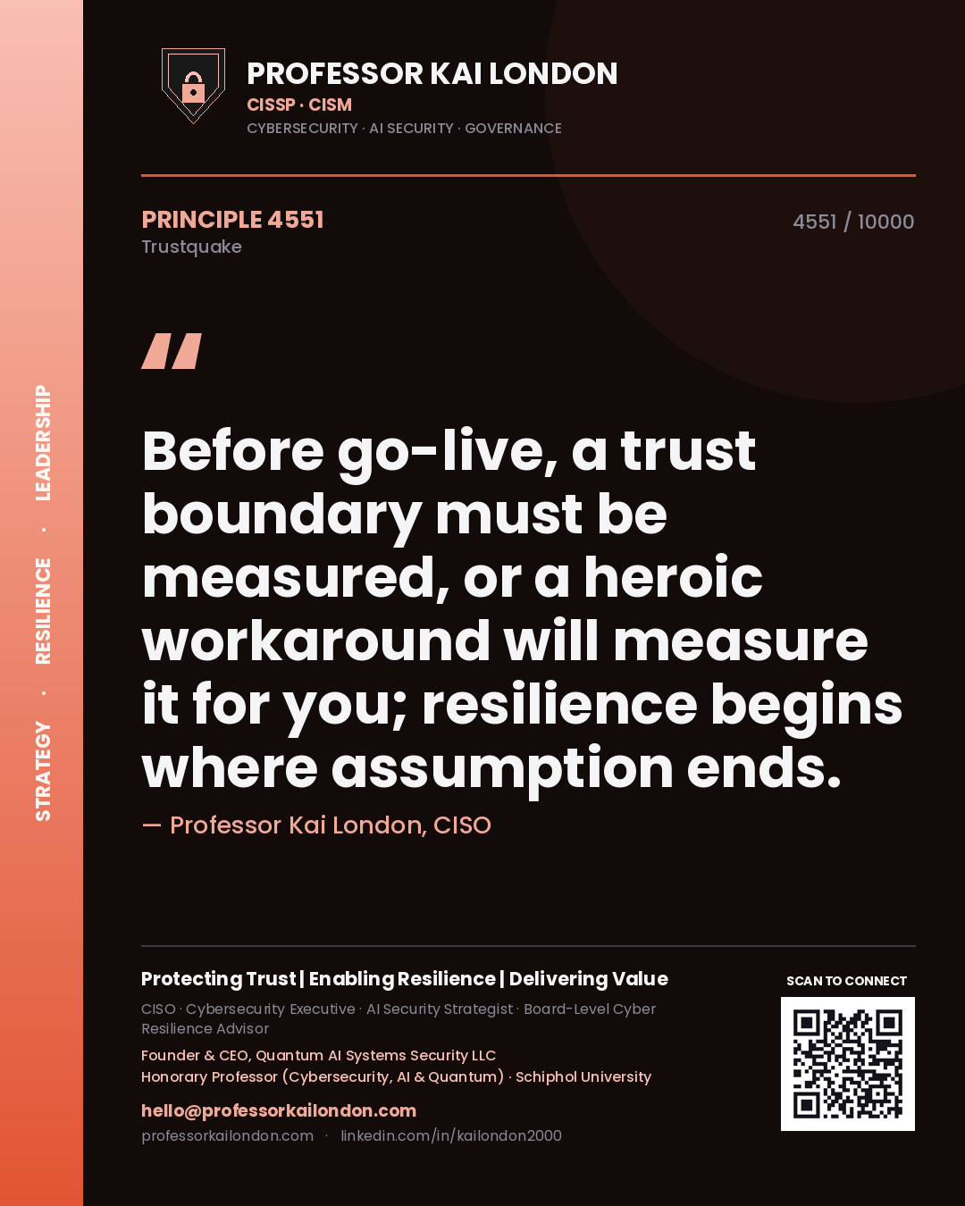 Quote card by Professor Kai London reading 'Before go-live, a trust boundary must be measured, or a heroic workaround will measure it for you; resilience begins where assumption ends.'. From the book Trustquake.