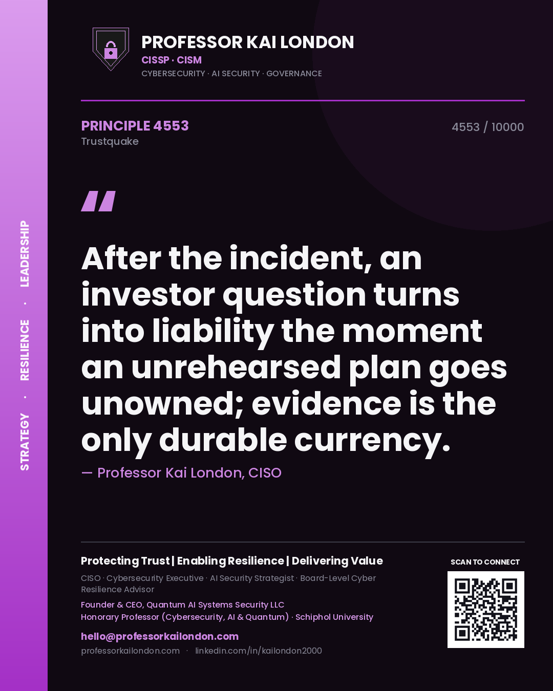 Professor Kai London principle 4553: After the incident, an investor question turns into liability the moment an unrehearsed plan goes unowned; evidence is the only durable currency.