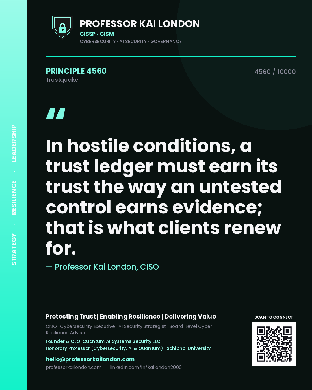 Professor Kai London principle 4560: In hostile conditions, a trust ledger must earn its trust the way an untested control earns evidence; that is what clients renew for.