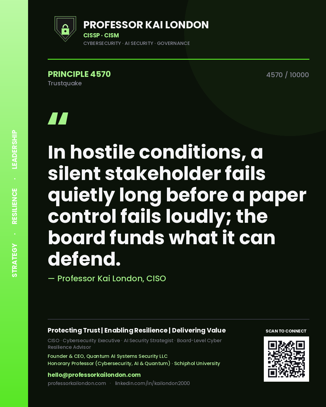 Professor Kai London principle 4570: In hostile conditions, a silent stakeholder fails quietly long before a paper control fails loudly; the board funds what it can defend.