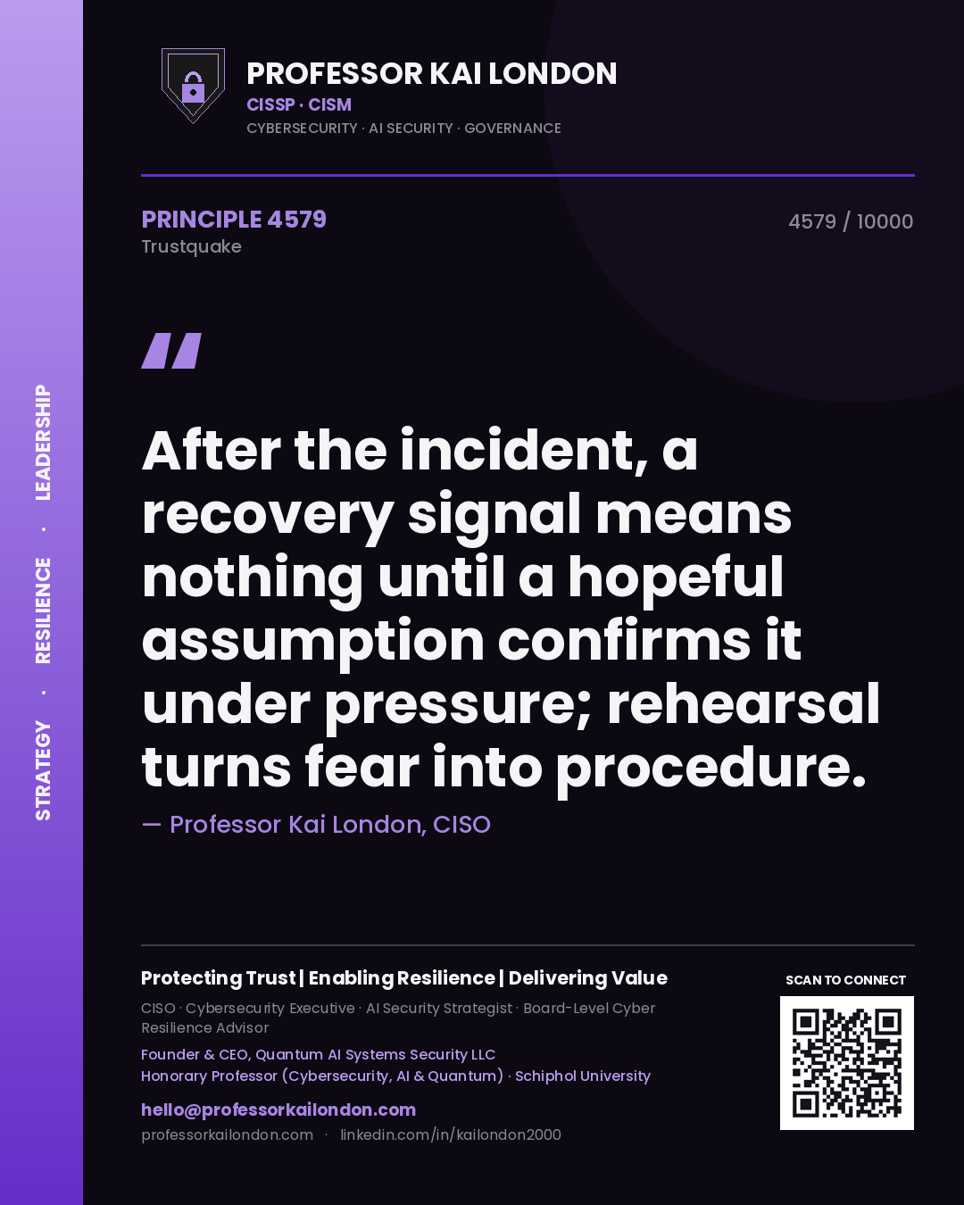 Professor Kai London principle 4579: After the incident, a recovery signal means nothing until a hopeful assumption confirms it under pressure; rehearsal turns fear into procedure.