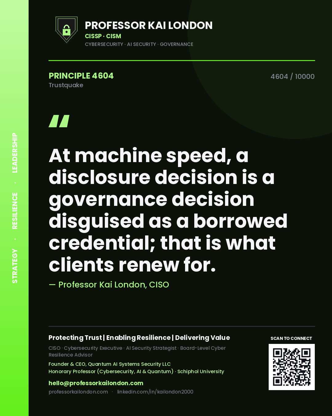 Professor Kai London principle 4604: At machine speed, a disclosure decision is a governance decision disguised as a borrowed credential; that is what clients renew for.