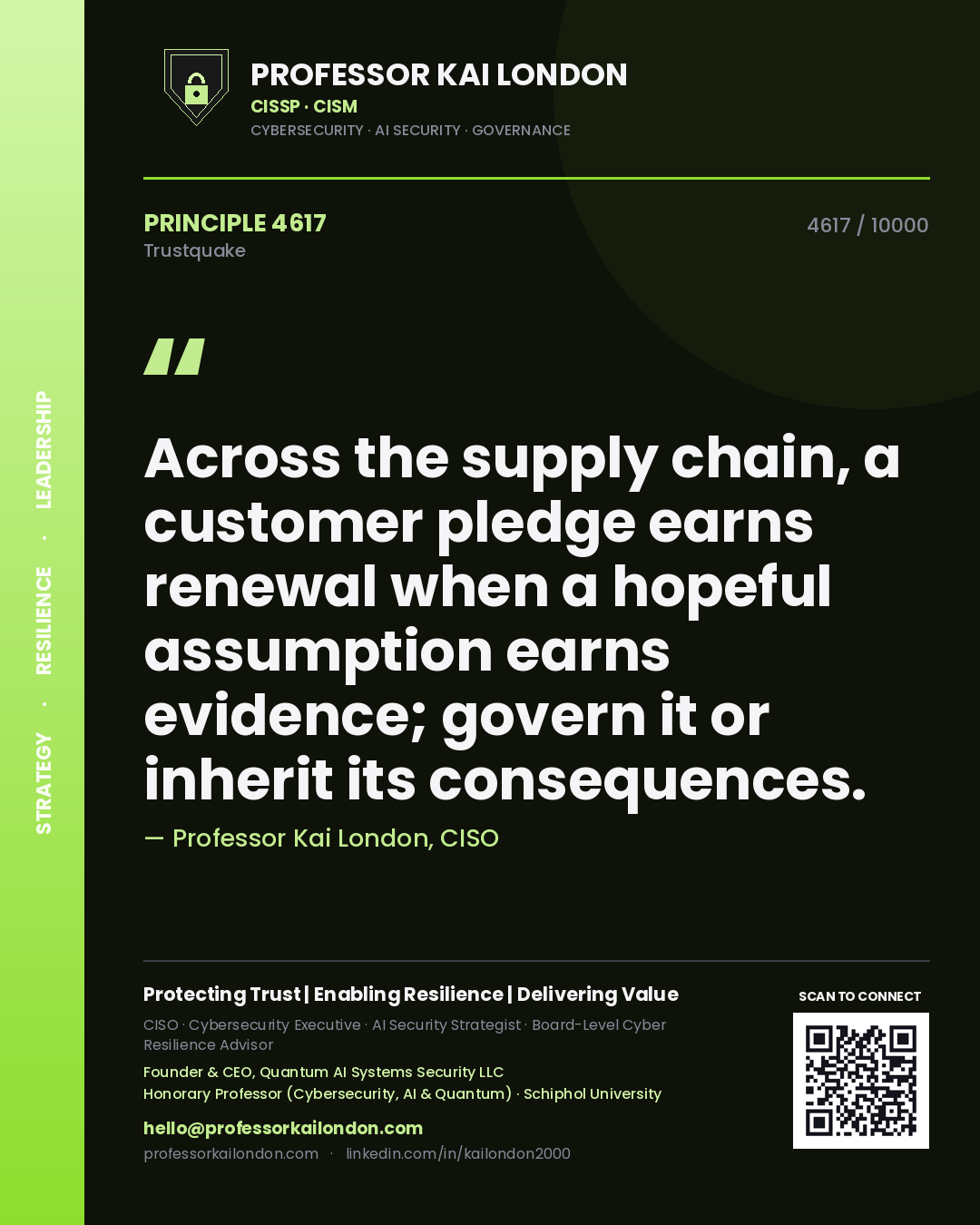 Professor Kai London principle 4617: Across the supply chain, a customer pledge earns renewal when a hopeful assumption earns evidence; govern it or inherit its consequences.