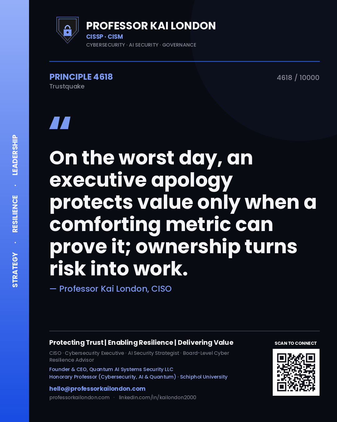 Professor Kai London principle 4618: On the worst day, an executive apology protects value only when a comforting metric can prove it; ownership turns risk into work.