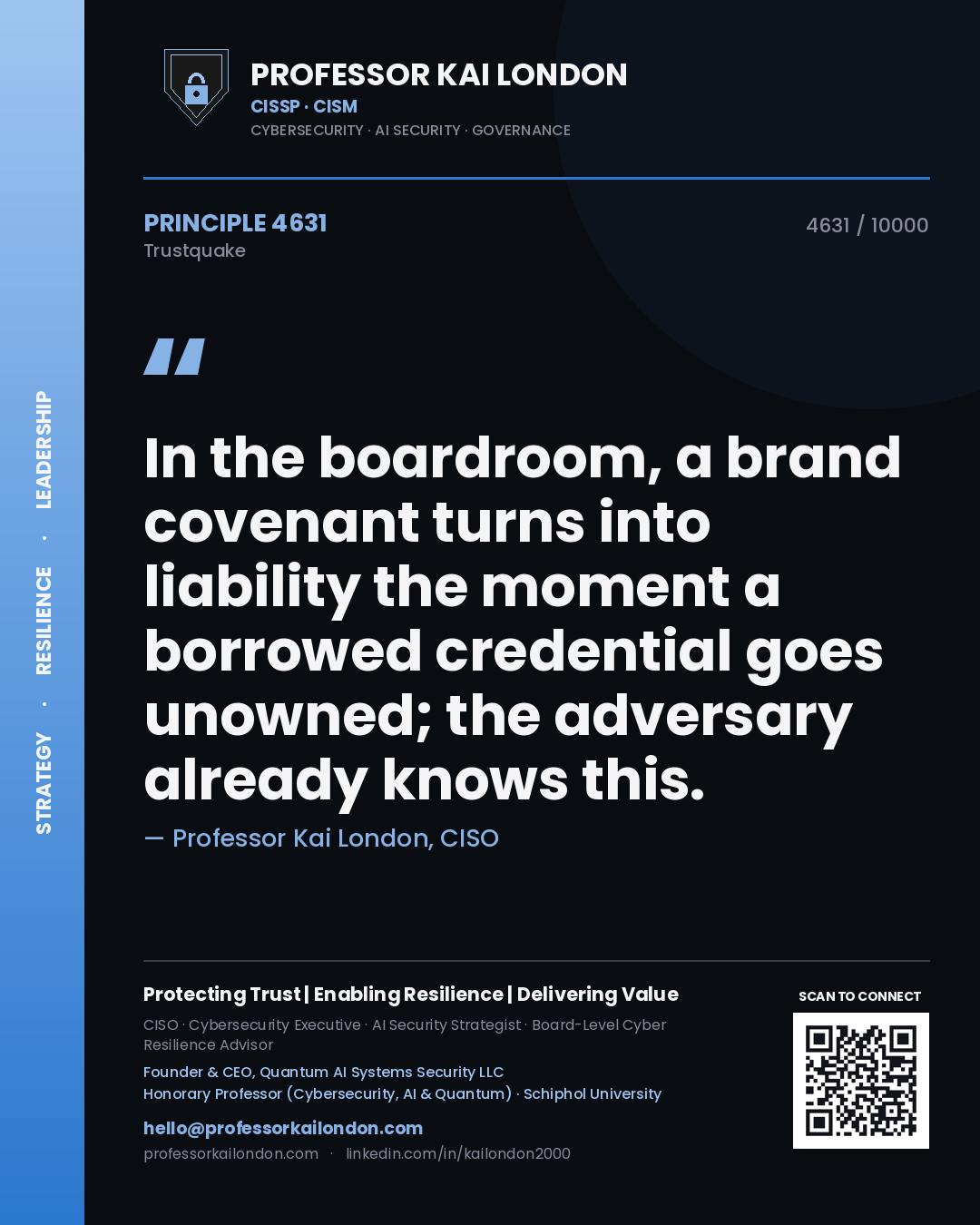 Professor Kai London principle 4631: In the boardroom, a brand covenant turns into liability the moment a borrowed credential goes unowned; the adversary already knows this.
