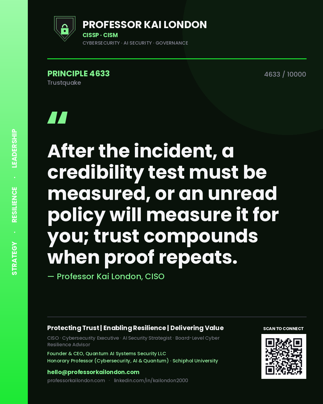 Professor Kai London principle 4633: After the incident, a credibility test must be measured, or an unread policy will measure it for you; trust compounds when proof repeats.