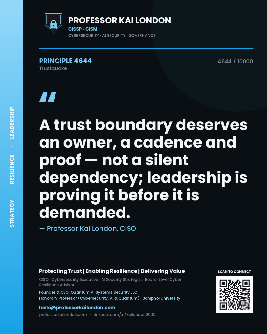 Professor Kai London principle 4644: A trust boundary deserves an owner, a cadence and proof — not a silent dependency; leadership is proving it before it is demanded.